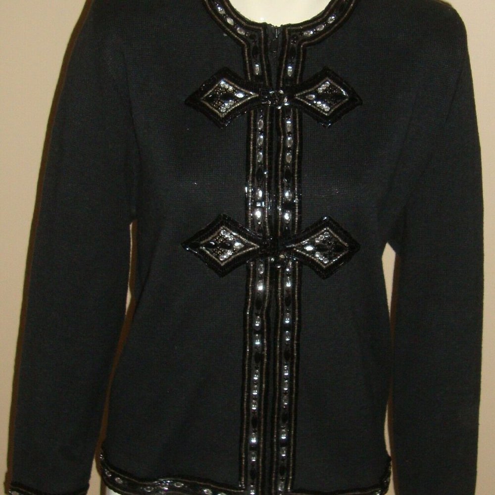 BONNIE BOERER RETRO 50'S BLACK ZIP CARDIGAN - Picture 2 of 6
